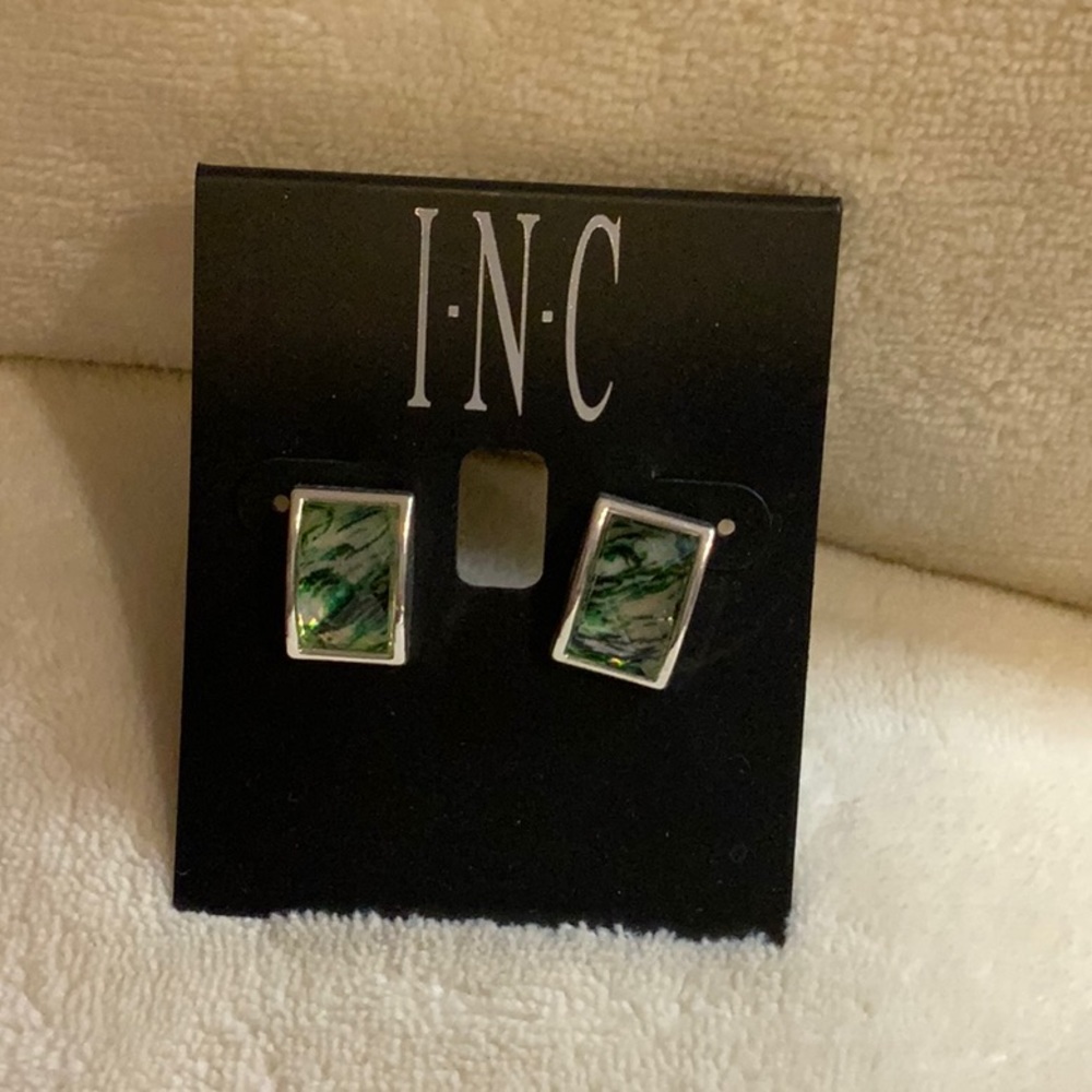 INC rectangular shaped Silvertone with green abalone looking center